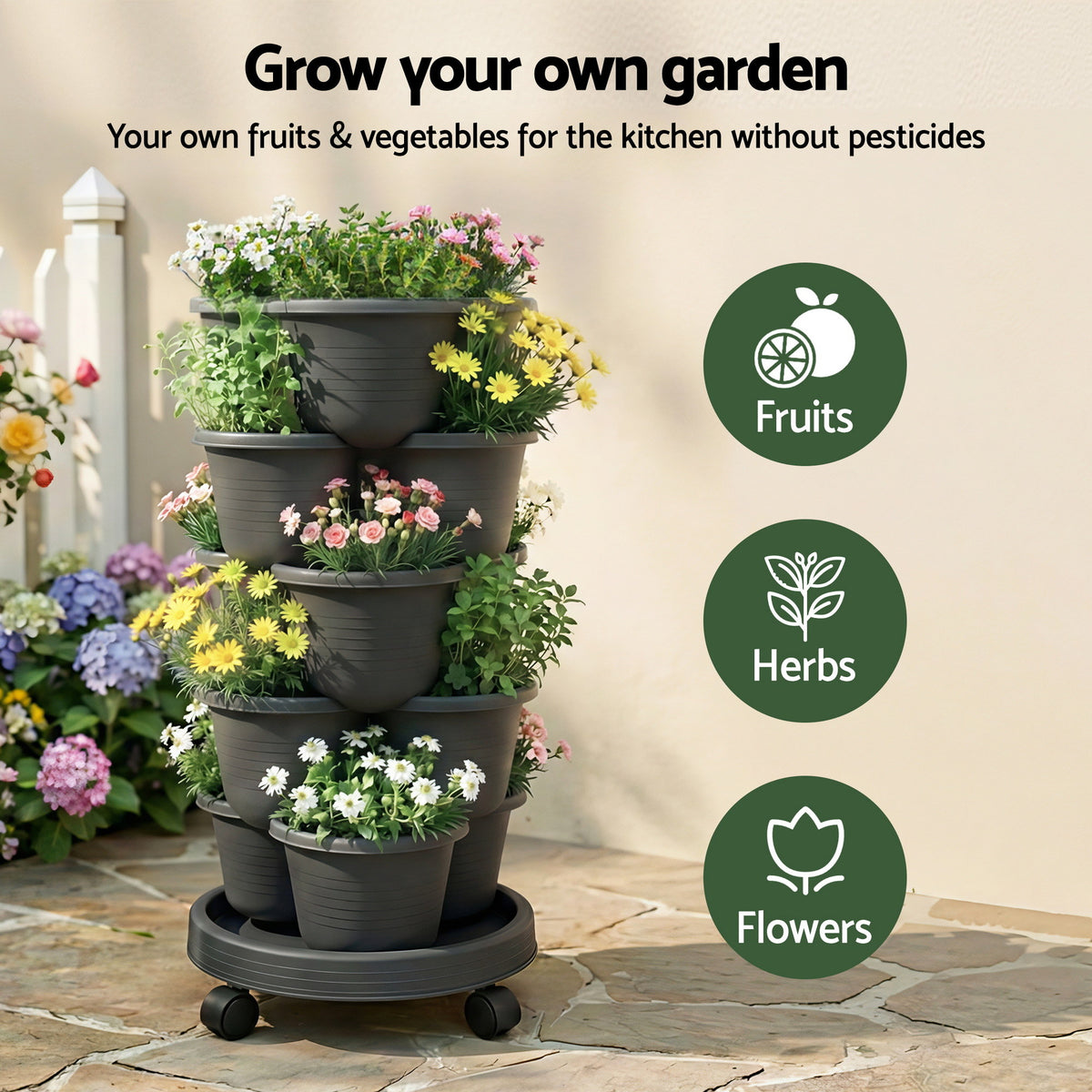 Green Fingers 5 Tier Vertical Garden Planter, Stackable Planters with 4 Wheels, Black, Raised Garden Bed, Garden Tower Indoor Outdoor, Auto Drainage System, for Strawberries, Herbs, Flower, Vegetables