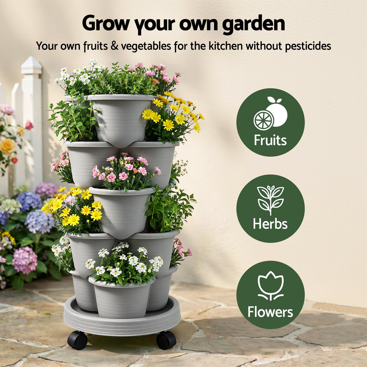 Green Fingers 5 Tier Vertical Garden Planter, Stackable Planters w/4 Grey