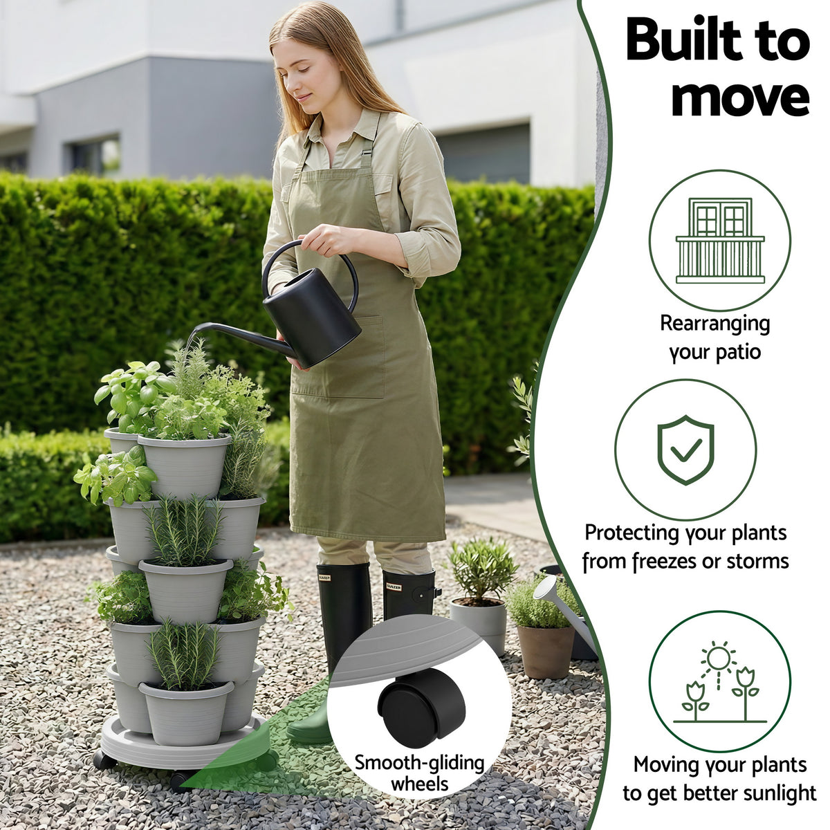 Green Fingers 5 Tier Vertical Garden Planter, Stackable Planters w/4 Grey