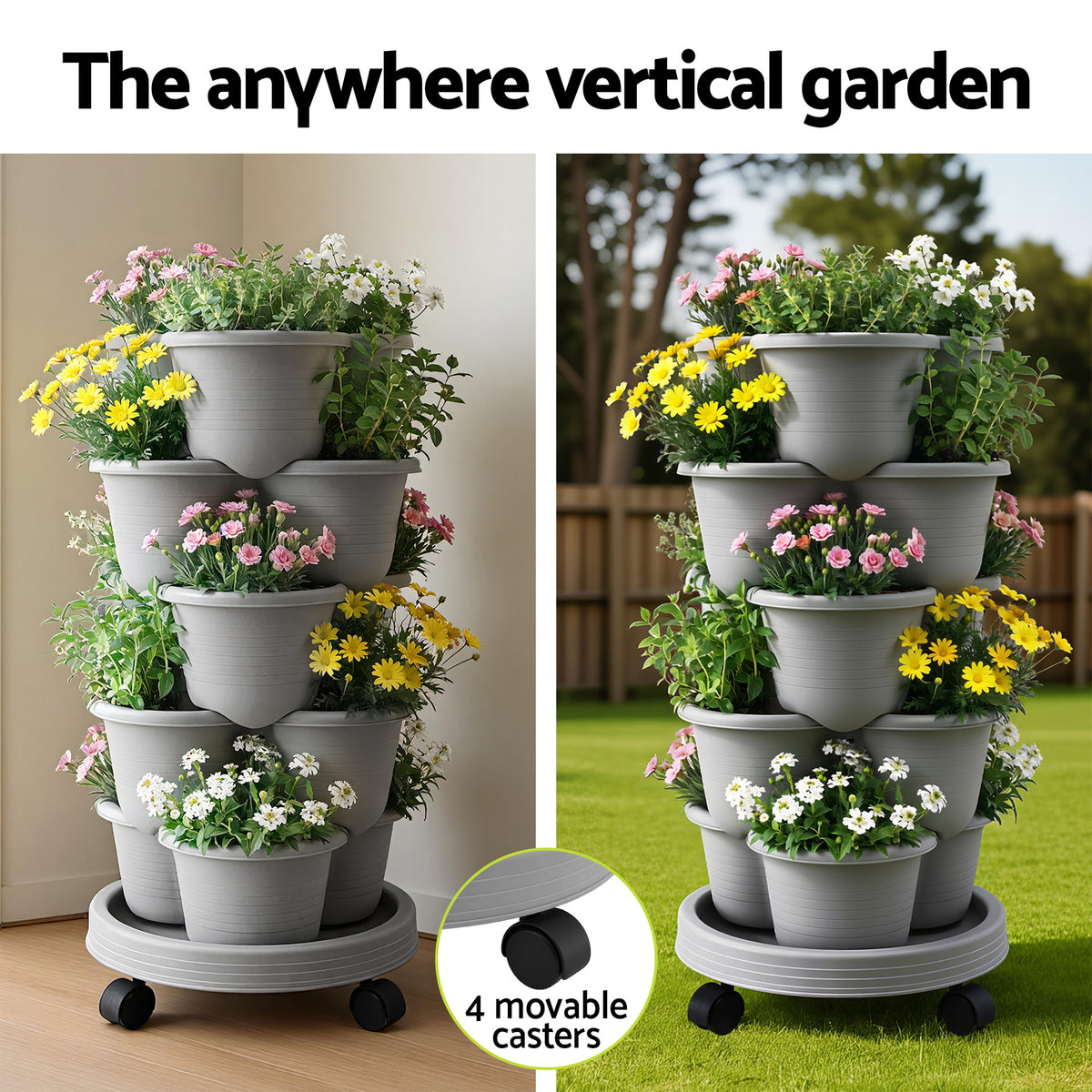 Green Fingers 5 Tier Vertical Garden Planter, Stackable Planters w/4 Grey