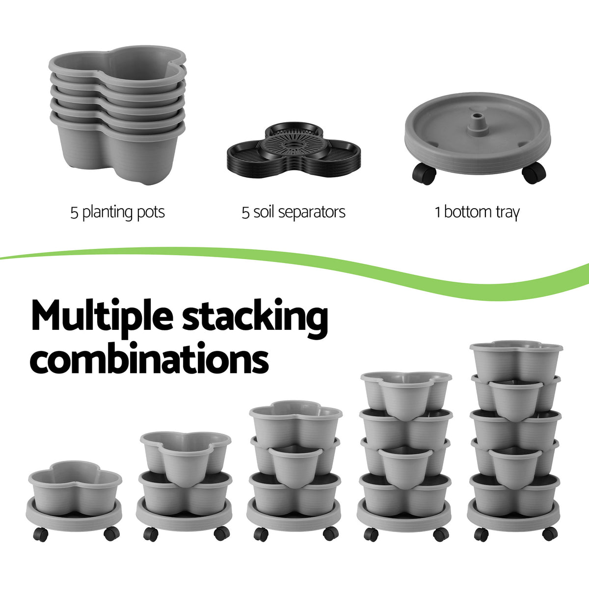 Green Fingers 5 Tier Vertical Garden Planter, Stackable Planters w/4 Grey