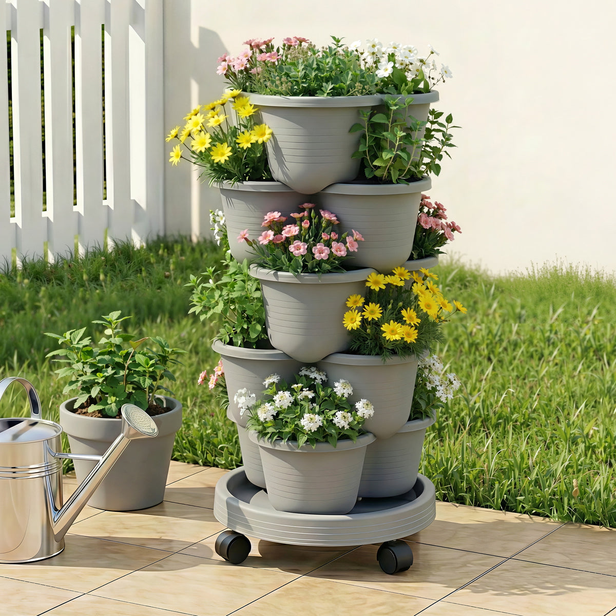Green Fingers 5 Tier Vertical Garden Planter, Stackable Planters w/4 Grey