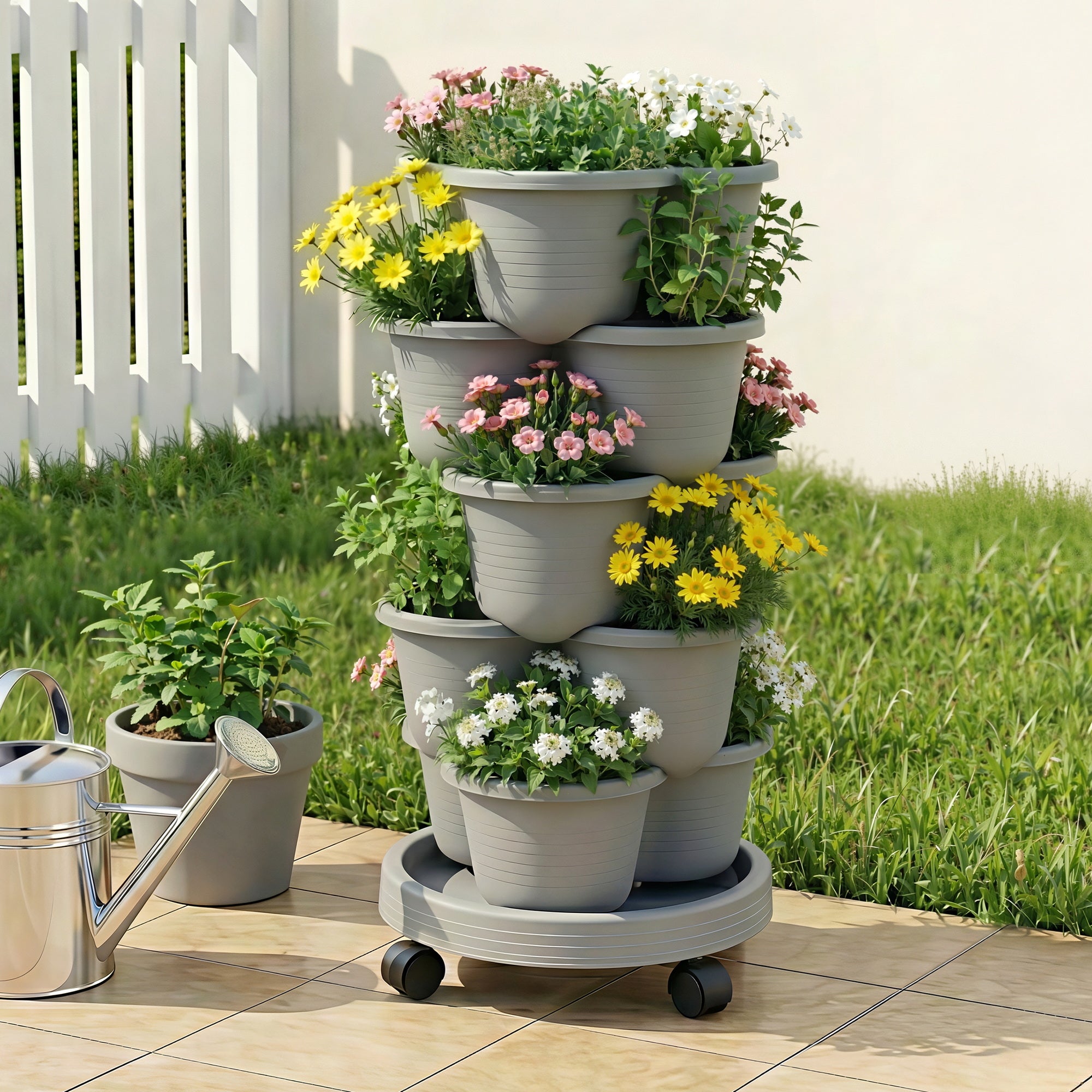 Green Fingers 5 Tier Vertical Garden Planter, Stackable Planters w/4 Grey