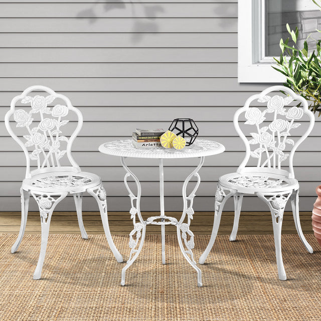 Gardeon 3PC Outdoor Bistro Set Aluminium Chairs Table Rose White