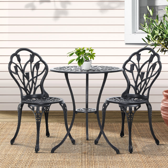 Gardeon 3pc Outdoor Setting Table Cast Aluminum Patio Furniture Tulip Black