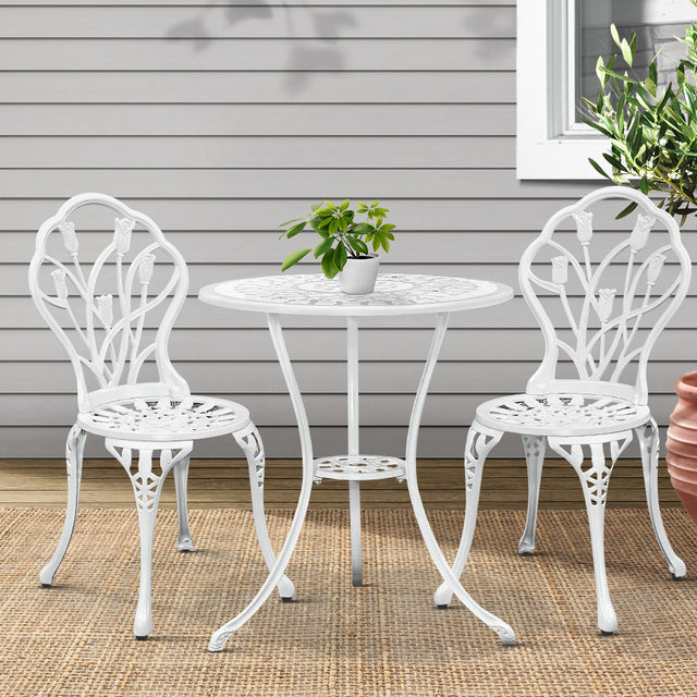 Gardeon 3pc Outdoor Setting Table Cast Aluminum Patio Furniture Tulip White