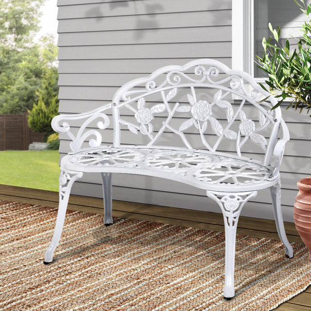 Gardeon Outdoor Garden Bench Seat 100cm Cast Aluminium Patio Chair Vintage White