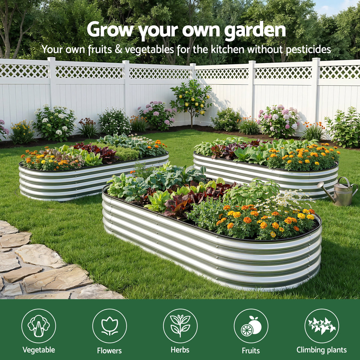Green Fingers Raised Garden Bed Galvanised Oval Metal Planter Box Large Outdoor 120x60x30cm Silver