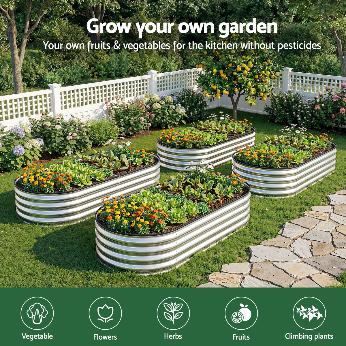 Green Fingers Raised Garden Bed Galvanised Oval Metal - GB-OVAL-1507030-SL