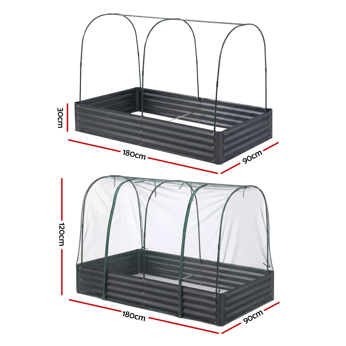 Green Fingers Raised Garden Bed with Mesh Netting Galvanised - GB-REC-GH-180-BK