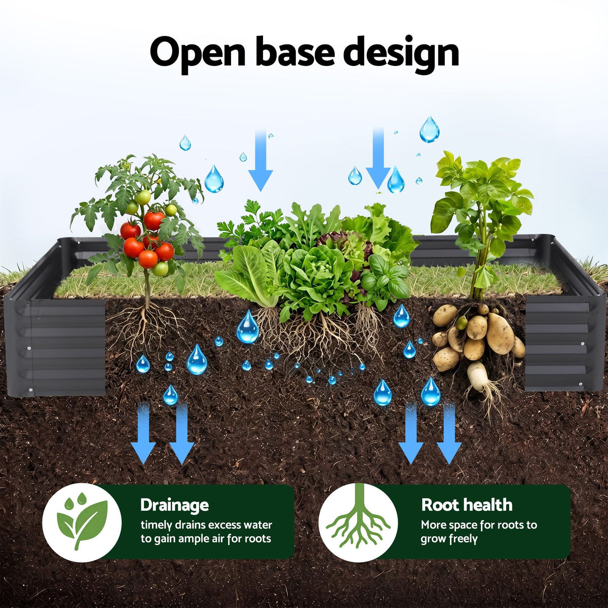 Green Fingers Raised Garden Bed with Mesh Netting Galvanised - GB-REC-GH-180-BK