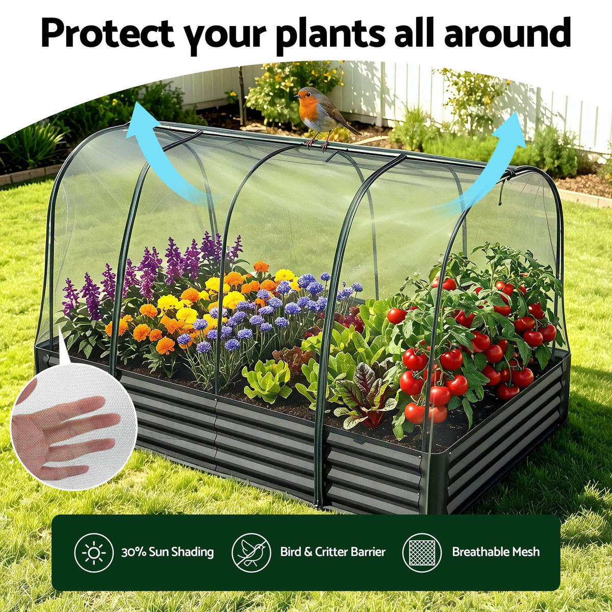 Green Fingers Raised Garden Bed with Mesh Netting Galvanised - GB-REC-GH-180-BK