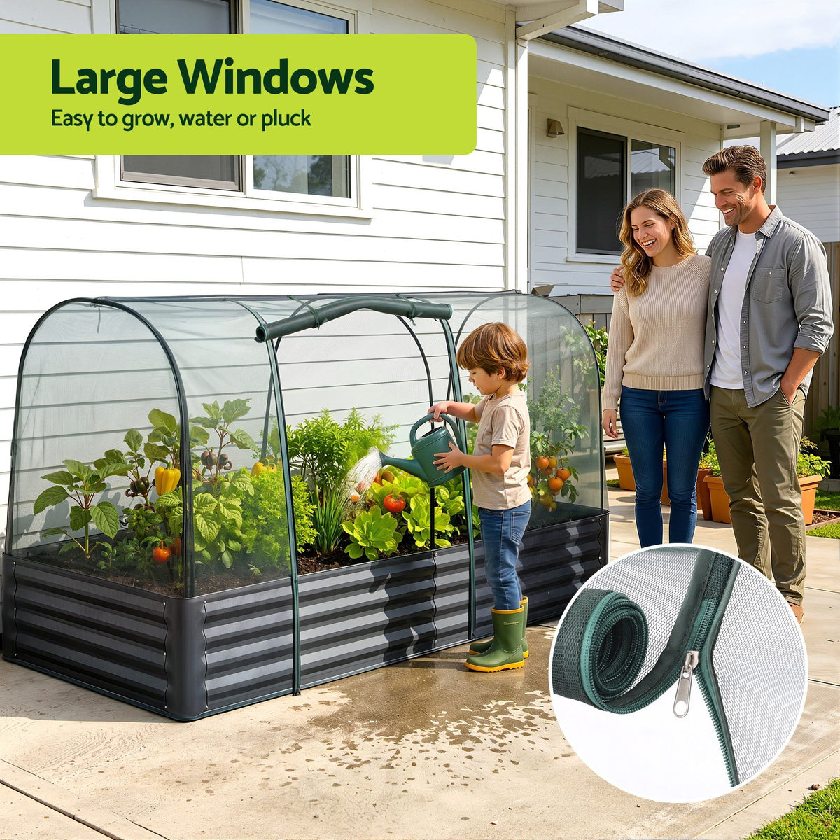 Green Fingers Raised Garden Bed with Mesh Netting Galvanised - GB-REC-GH-180-BK