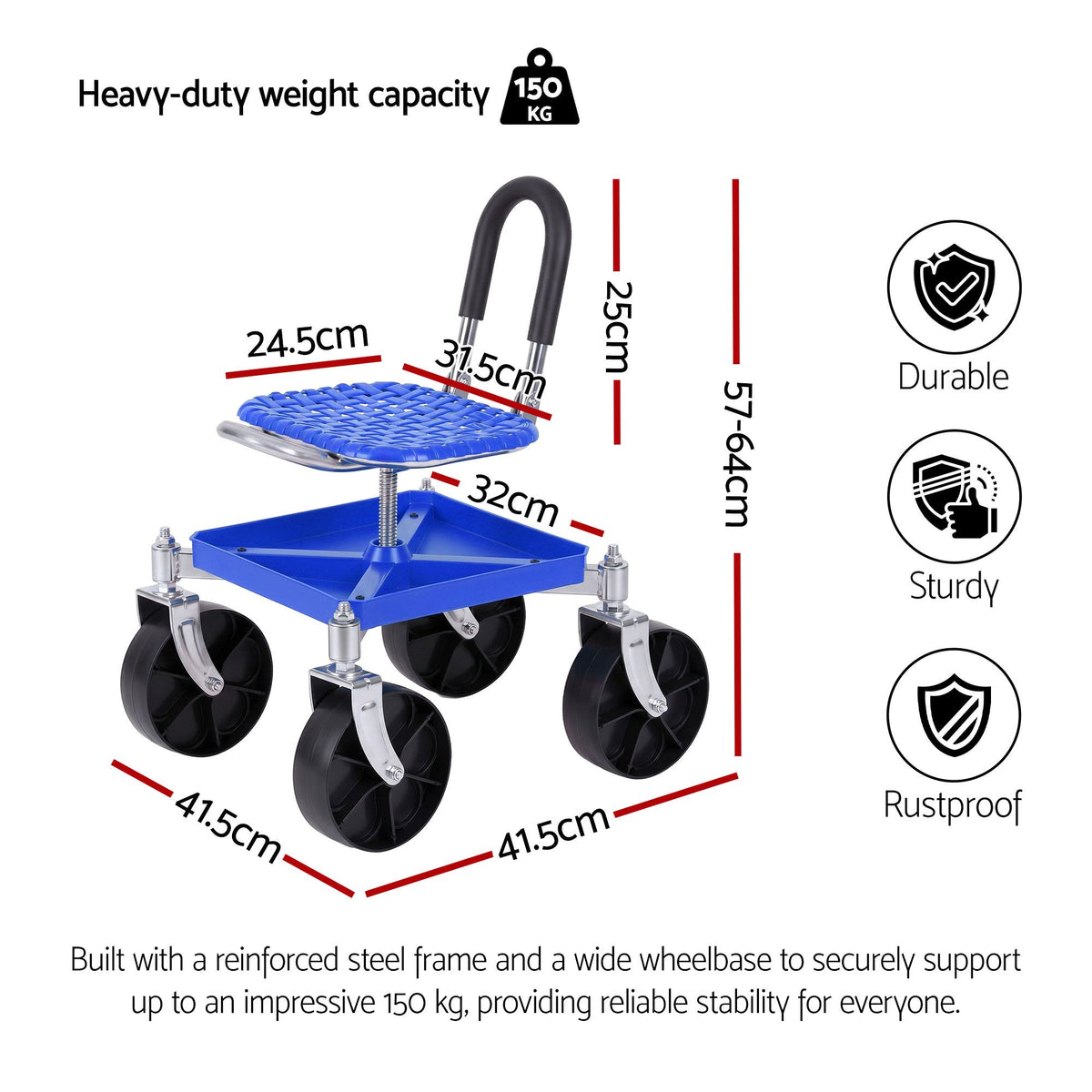 Gardeon Garden Cart Seat Rolling Stool 360 Swivel Height - GCT-4W-BL