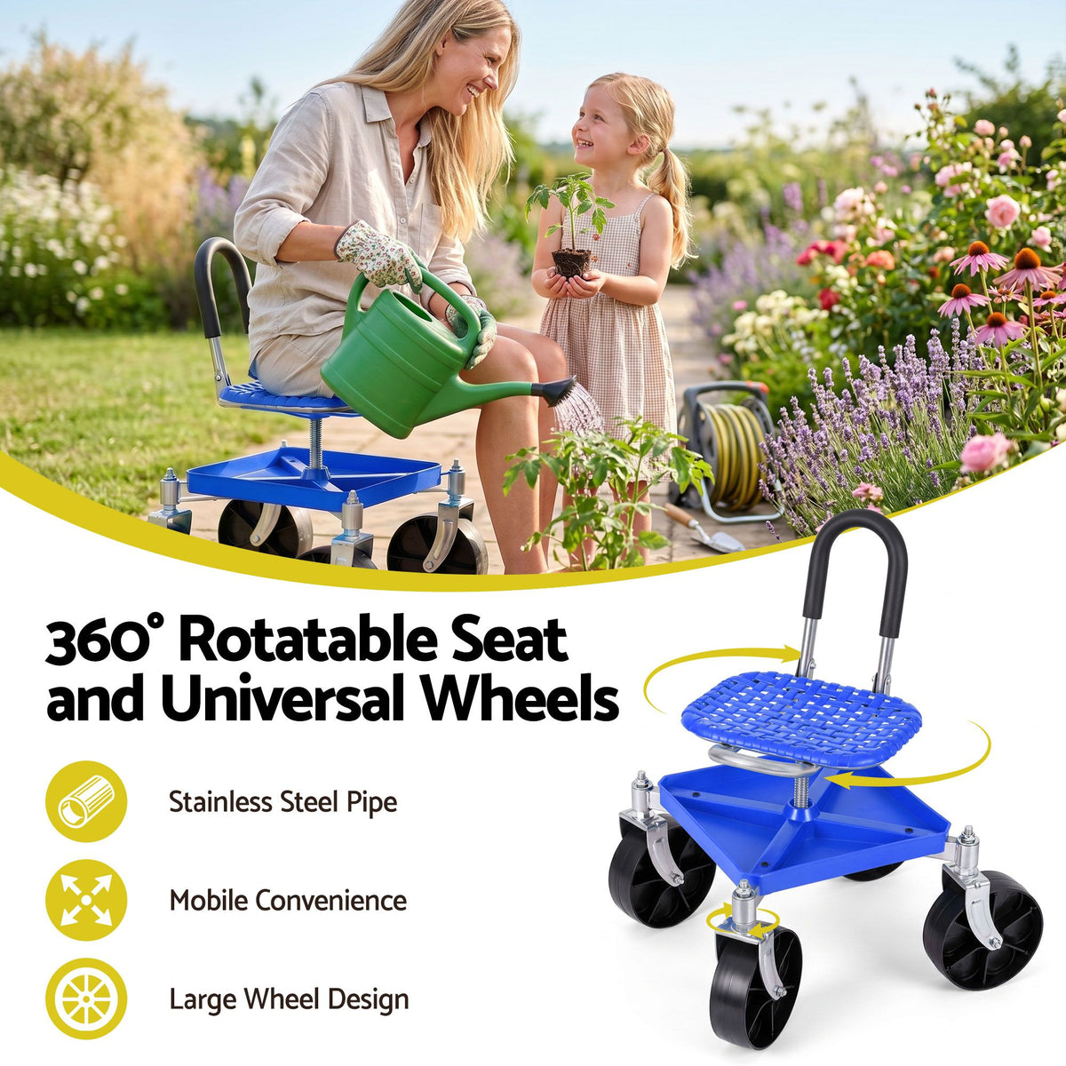 Gardeon Garden Cart Seat Rolling Stool 360 Swivel Height - GCT-4W-BL