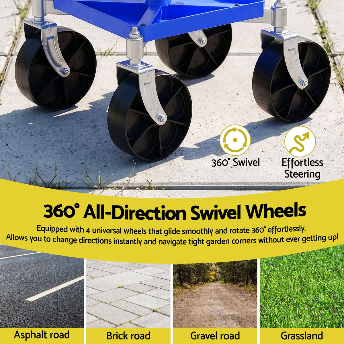 Gardeon Garden Cart Seat Rolling Stool 360 Swivel Height - GCT-4W-BL