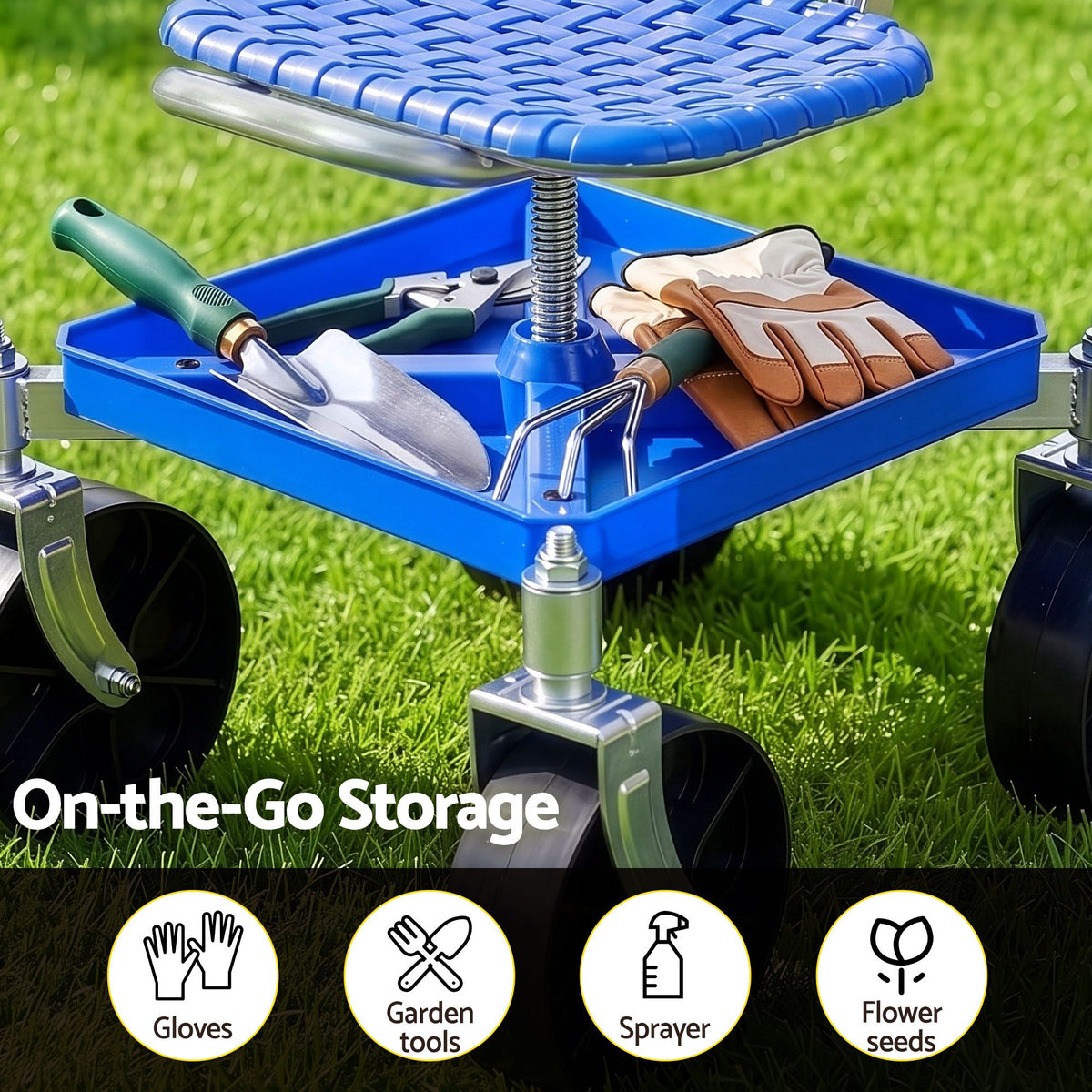 Gardeon Garden Cart Seat Rolling Stool 360 Swivel Height - GCT-4W-BL