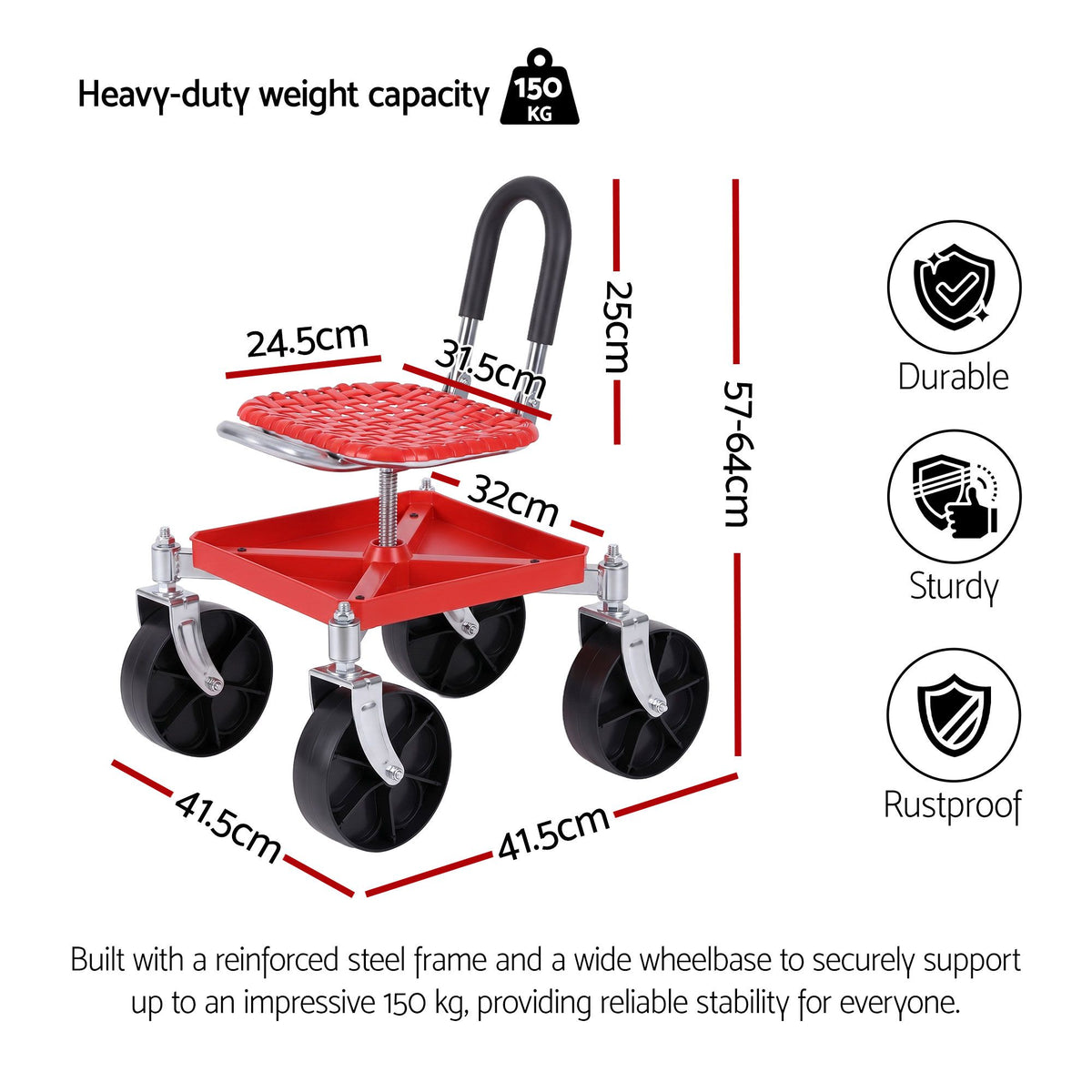 Gardeon Garden Cart Seat Rolling Stool 360 Swivel Height - GCT-4W-RD