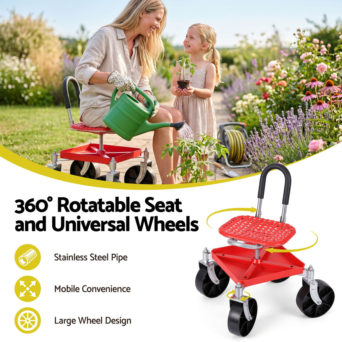 Gardeon Garden Cart Seat Rolling Stool 360 Swivel Height - GCT-4W-RD
