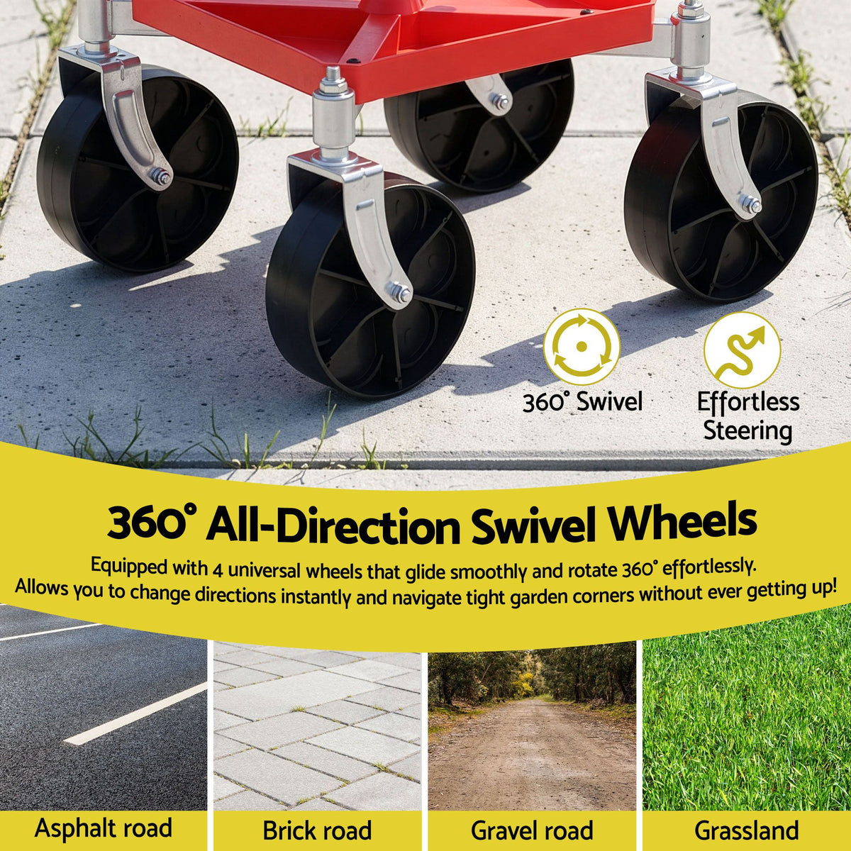 Gardeon Garden Cart Seat Rolling Stool 360 Swivel Height - GCT-4W-RD