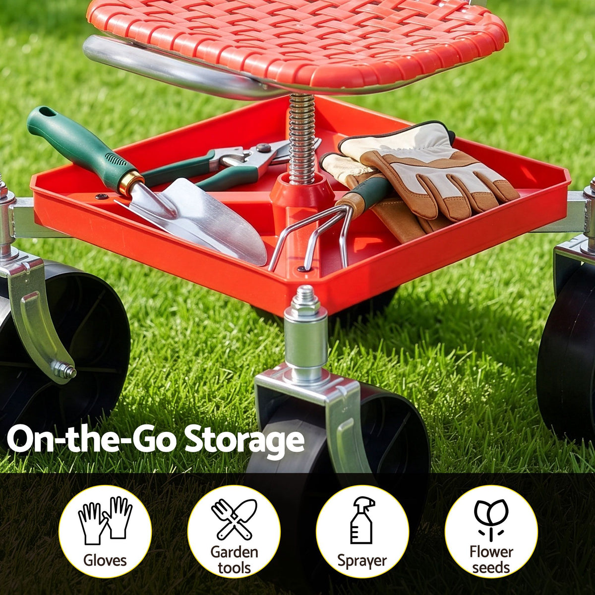 Gardeon Garden Cart Seat Rolling Stool 360 Swivel Height - GCT-4W-RD