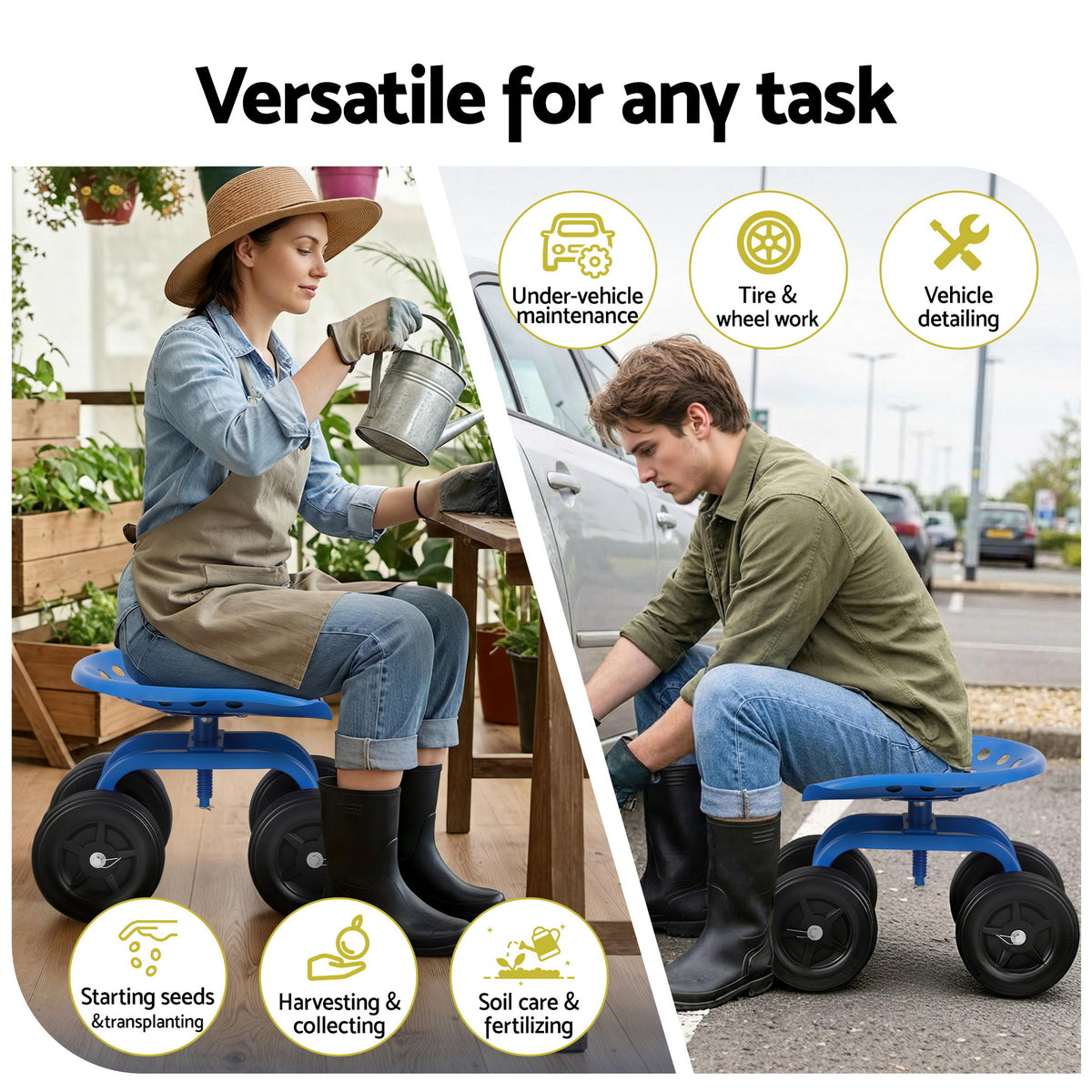 Gardeon Garden Seat 360 Swivel Rolling Adjustable Height Wor - GCT-ADJUST-360-BL