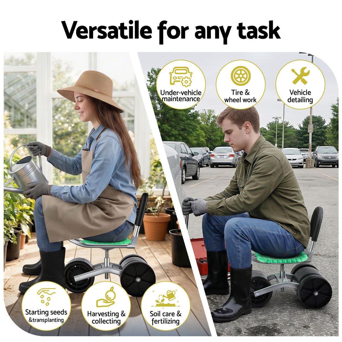 Gardeon Gardening Cart with 360° Swivel Seat | Rolling Work Seat with Adjustable Height & All-Terrain Wheels | 130KG Capacity Heavy Duty Garden Scooter for Back Pain Relief & Vehicle Detailing | Foldable Backrest & Ventilated Seat, Green