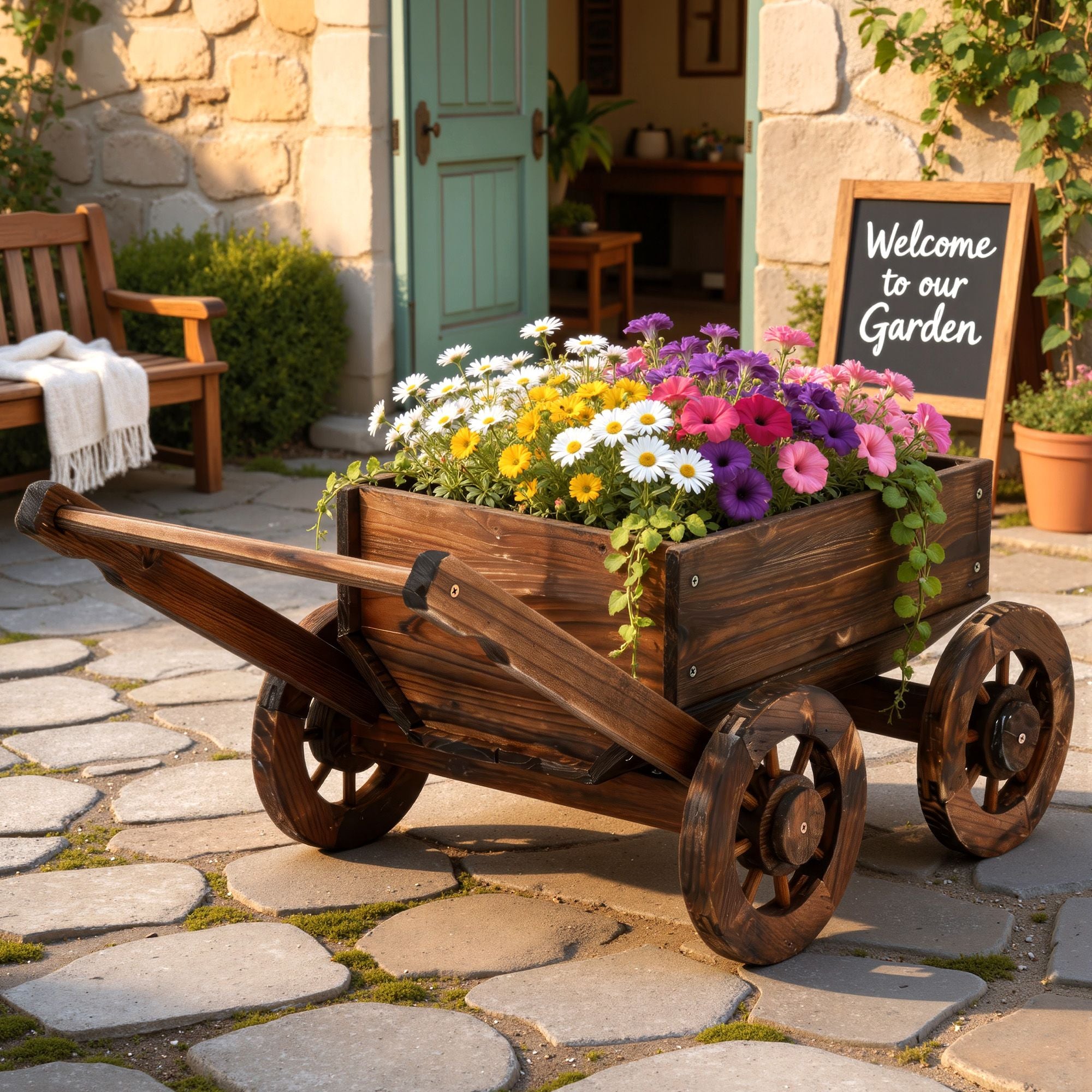 Gardeon Wooden Planter Cart Garden Decor Plant Stand Flower Fir Wood Wagon Wheels L
