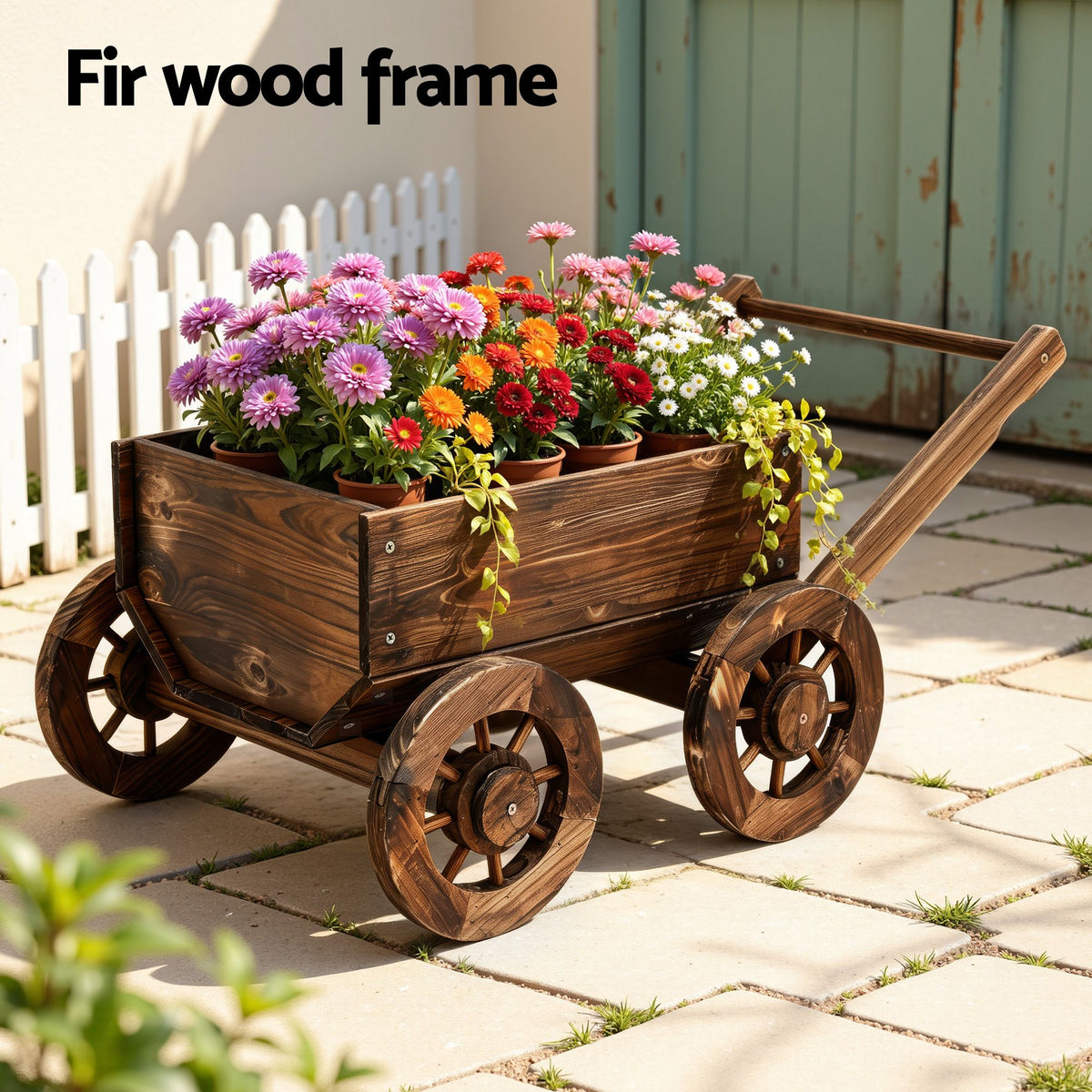 Gardeon Wooden Planter Cart Garden Decor Plant Stand Flower Fir Wood Wagon Wheels L
