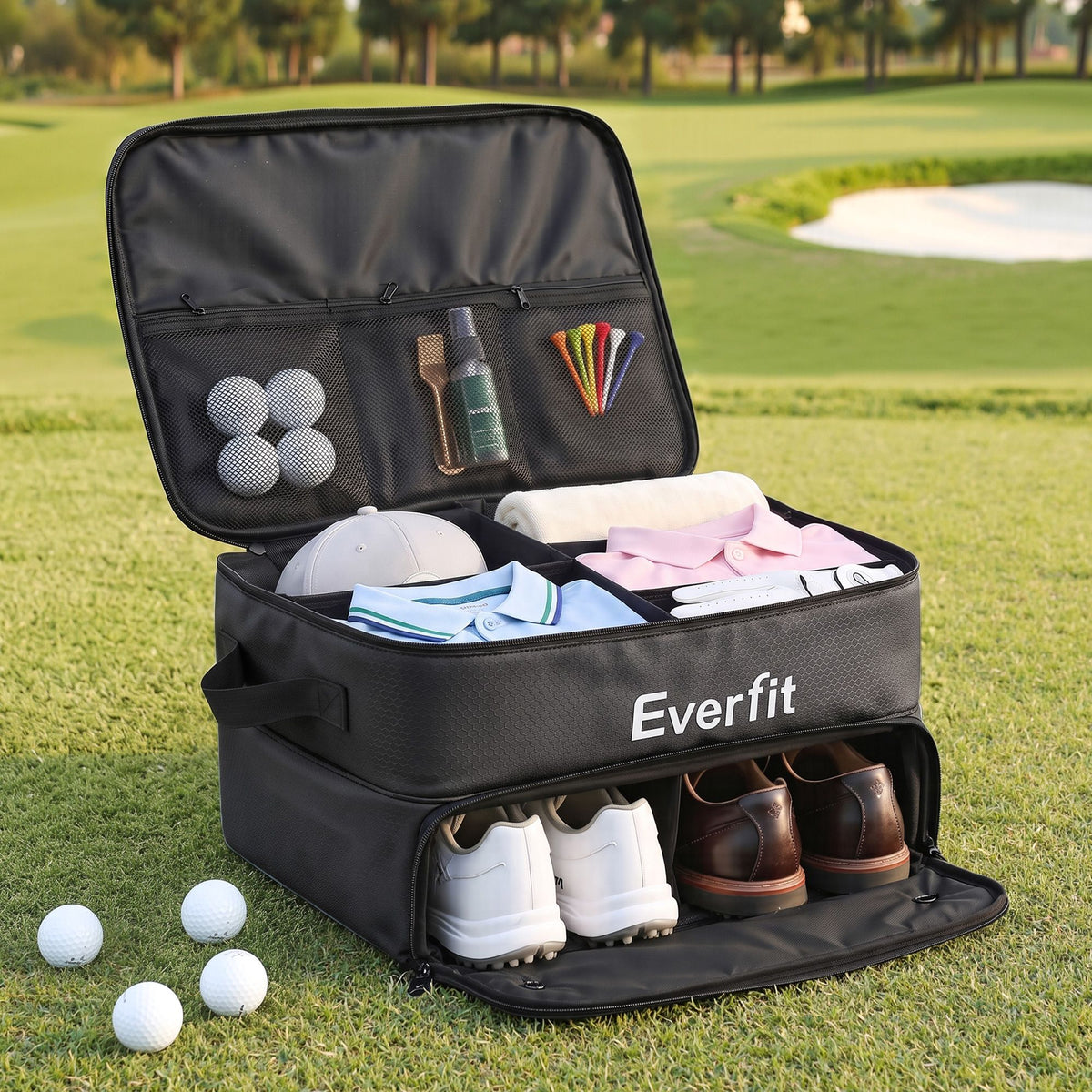 Everfit Golf Trunk Organizer for Car, 2-Tier Golf Storage Bag with Ventilated Shoe Compartment Black