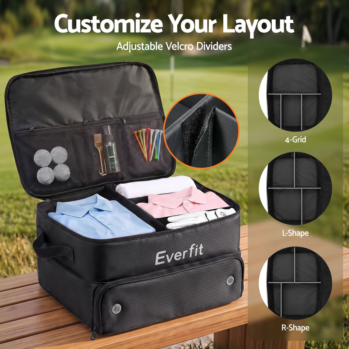 Everfit Golf Trunk Organizer for Car, 2-Tier Golf Storage Bag with Ventilated Shoe Compartment Black