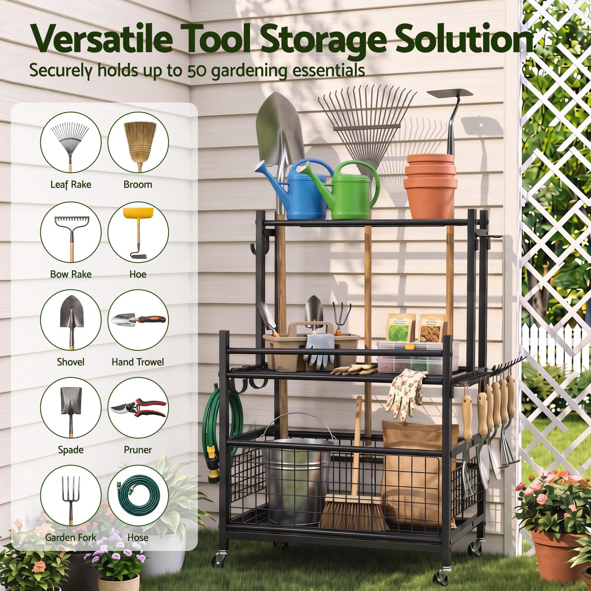 Gardeon Garden Tool Organizer Rack 16 Slots Rolling Garage Storage with Hooks