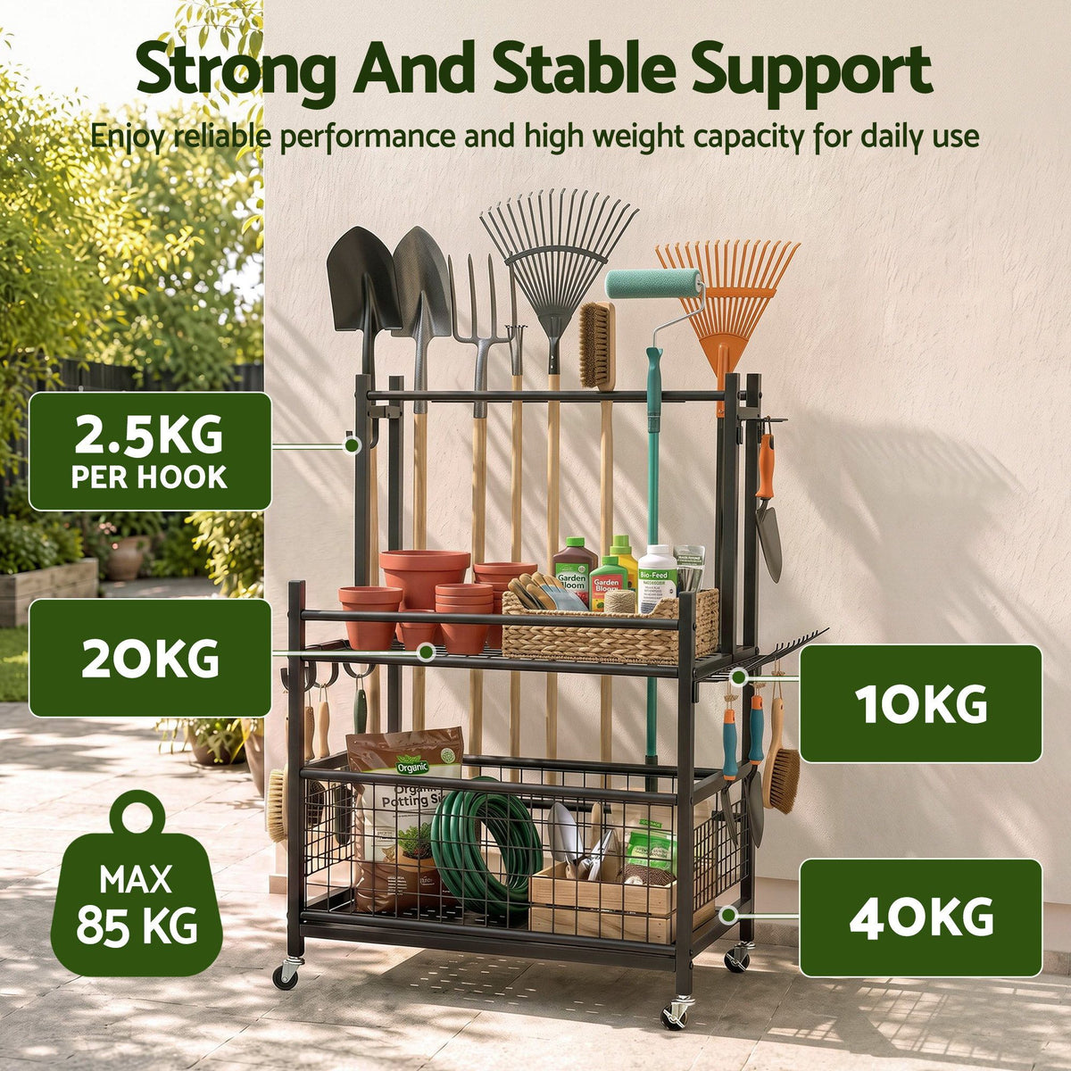 Gardeon Garden Tool Organizer Rack 16 Slots Rolling Garage Storage with Hooks