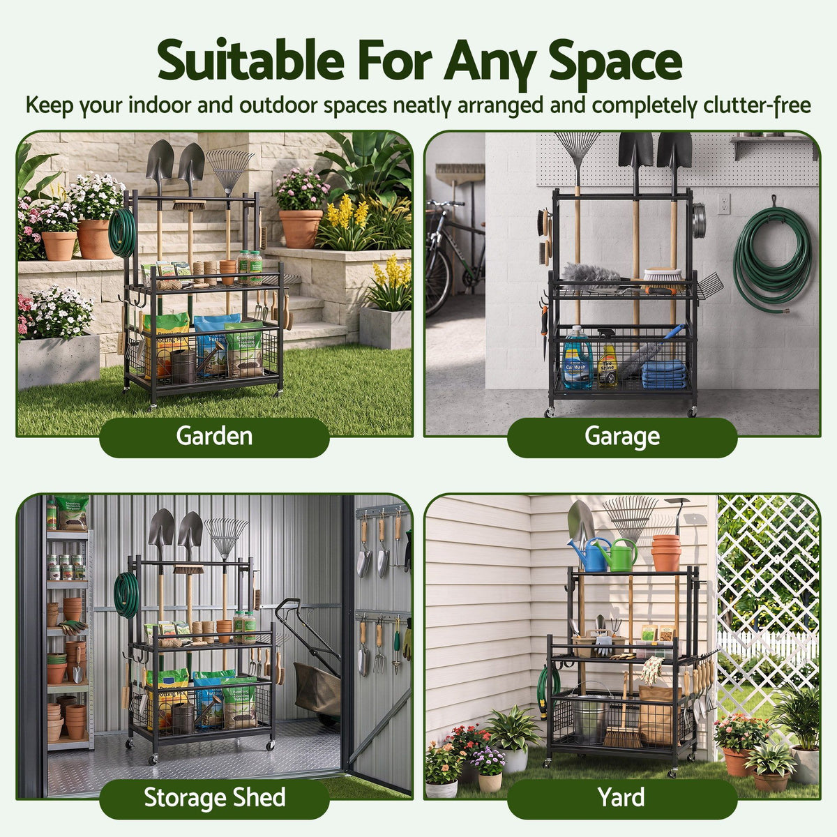 Gardeon Garden Tool Organizer Rack 16 Slots Rolling Garage Storage with Hooks