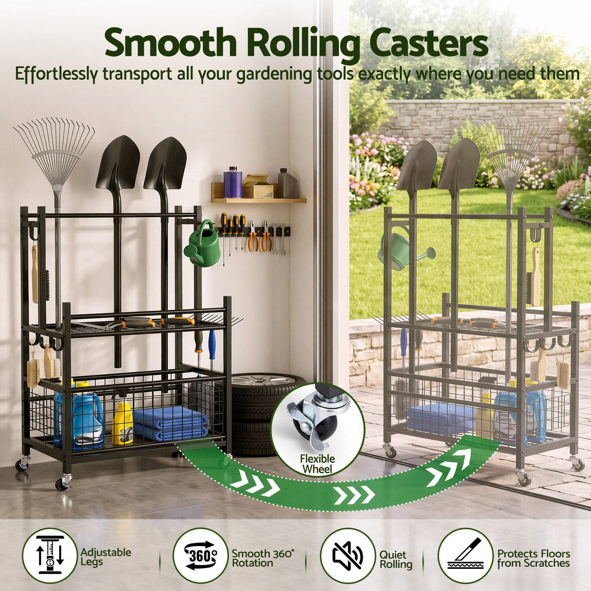 Gardeon Garden Tool Organizer Rack 16 Slots Rolling Garage Storage with Hooks
