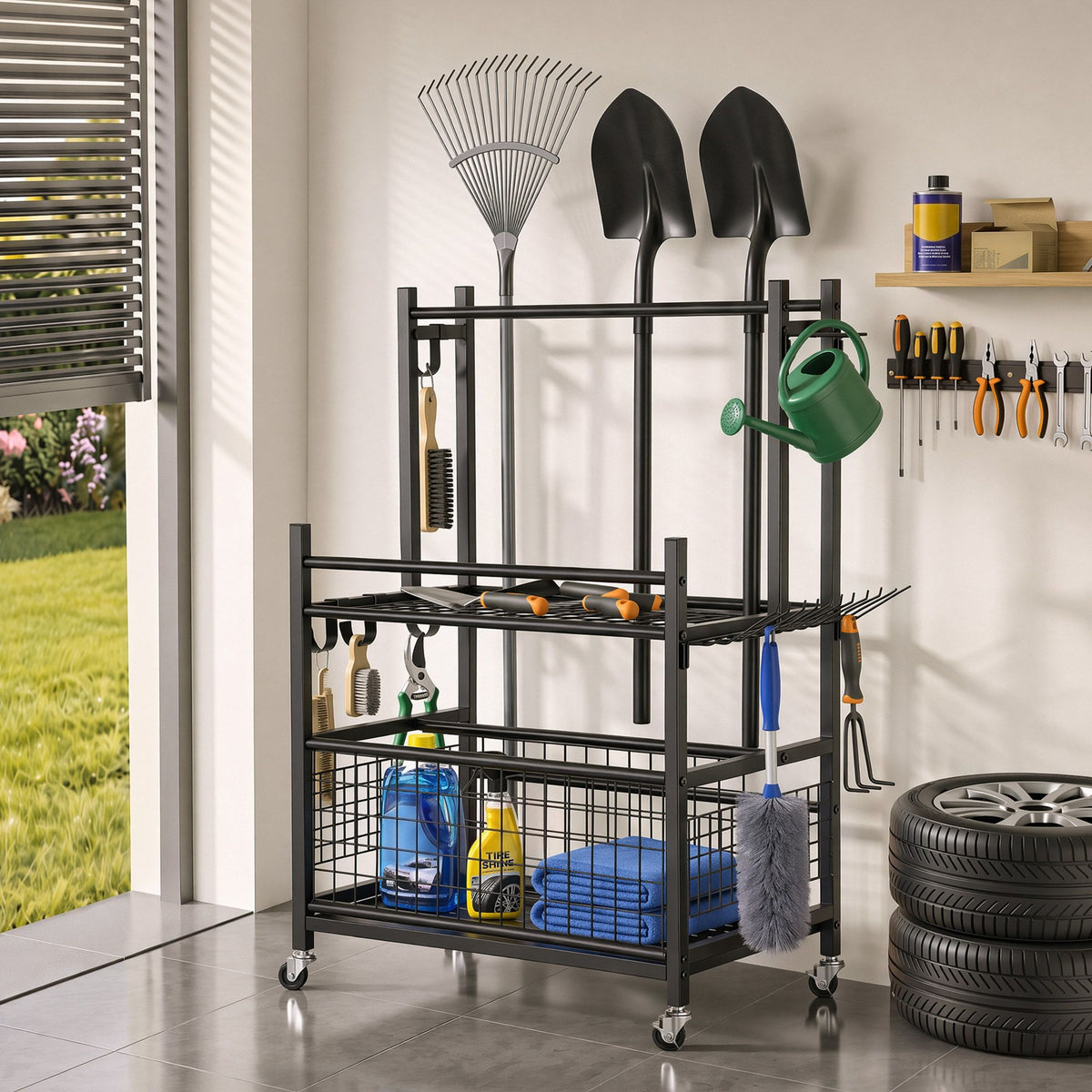 Gardeon Garden Tool Organizer Rack 16 Slots Rolling Garage Storage with Hooks