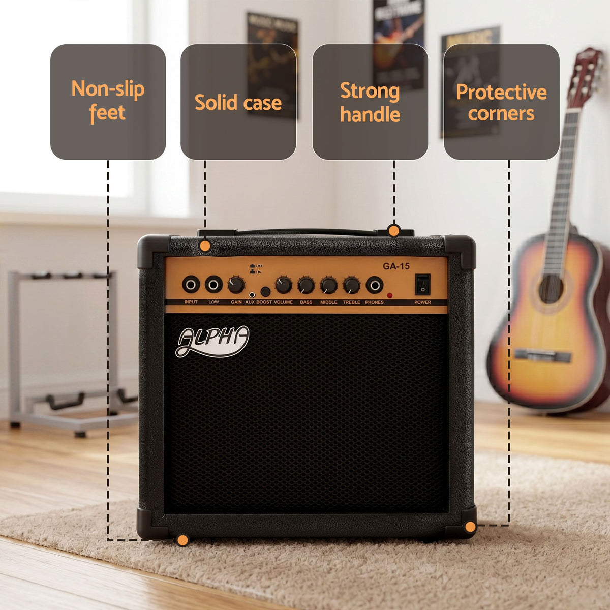 Alpha 20W Guitar Amplifier Portable Practice Amp Overdrive 3-Band EQ Black