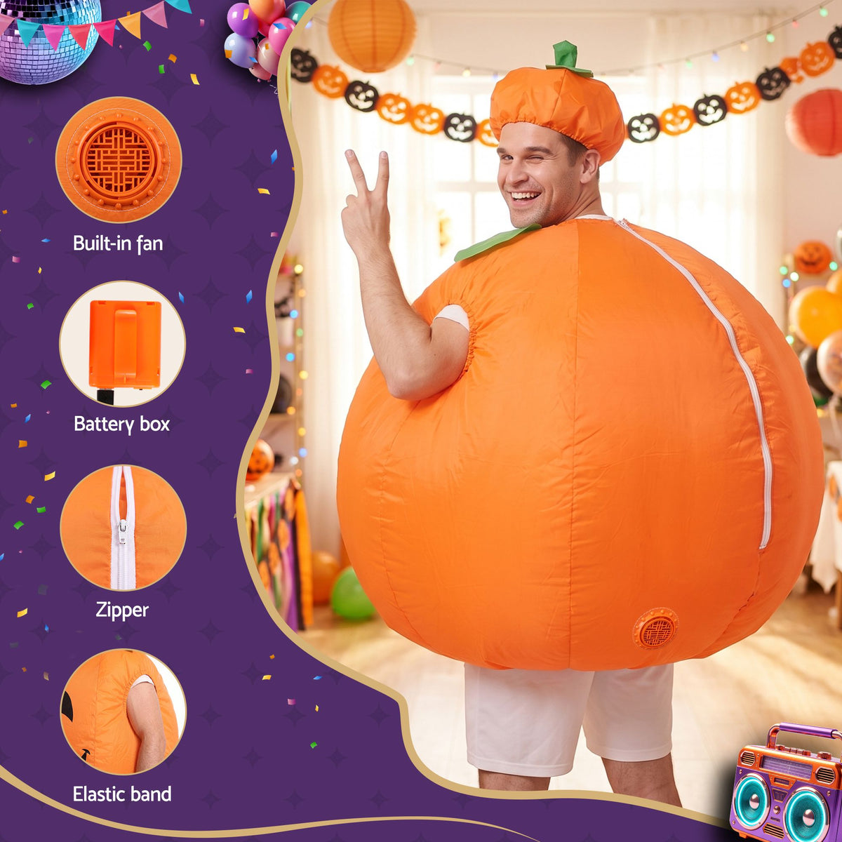 Inflatable Costume Pumpkin Fancy Dress Halloween Party Suit Orange One Size