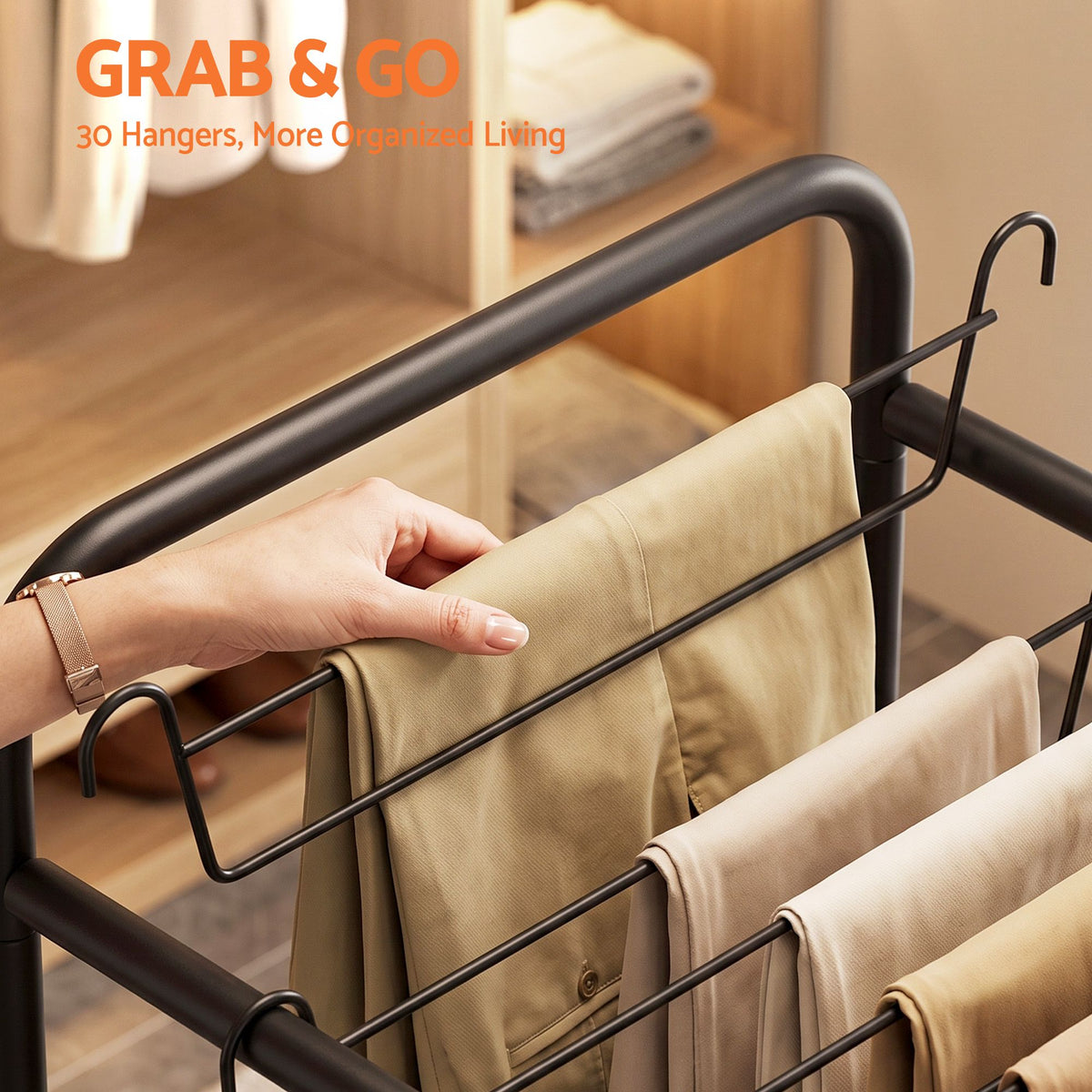 Artiss Pants Trolley Mobile Clothes Rack Clothing Stand with 30 Hangers Wheels Storage Organizer Bag