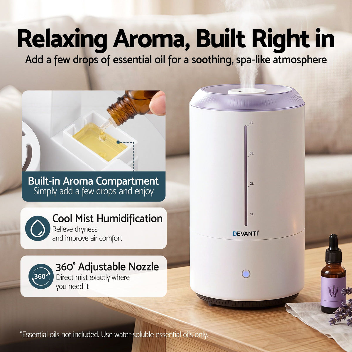 Devanti Ultrasonic Humidifier Aroma Diffuser Top Fill Quiet Bedroom 4L White