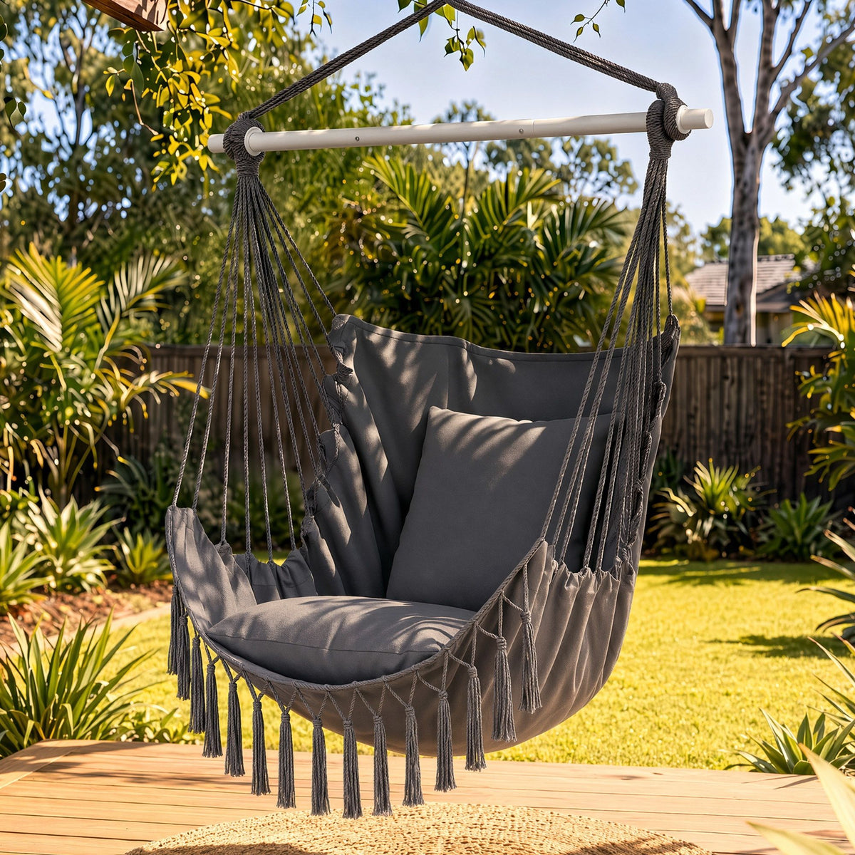 Gardeon Hammock Chair Camping Macrame Hanging Swing Cushions Metal Bar Grey