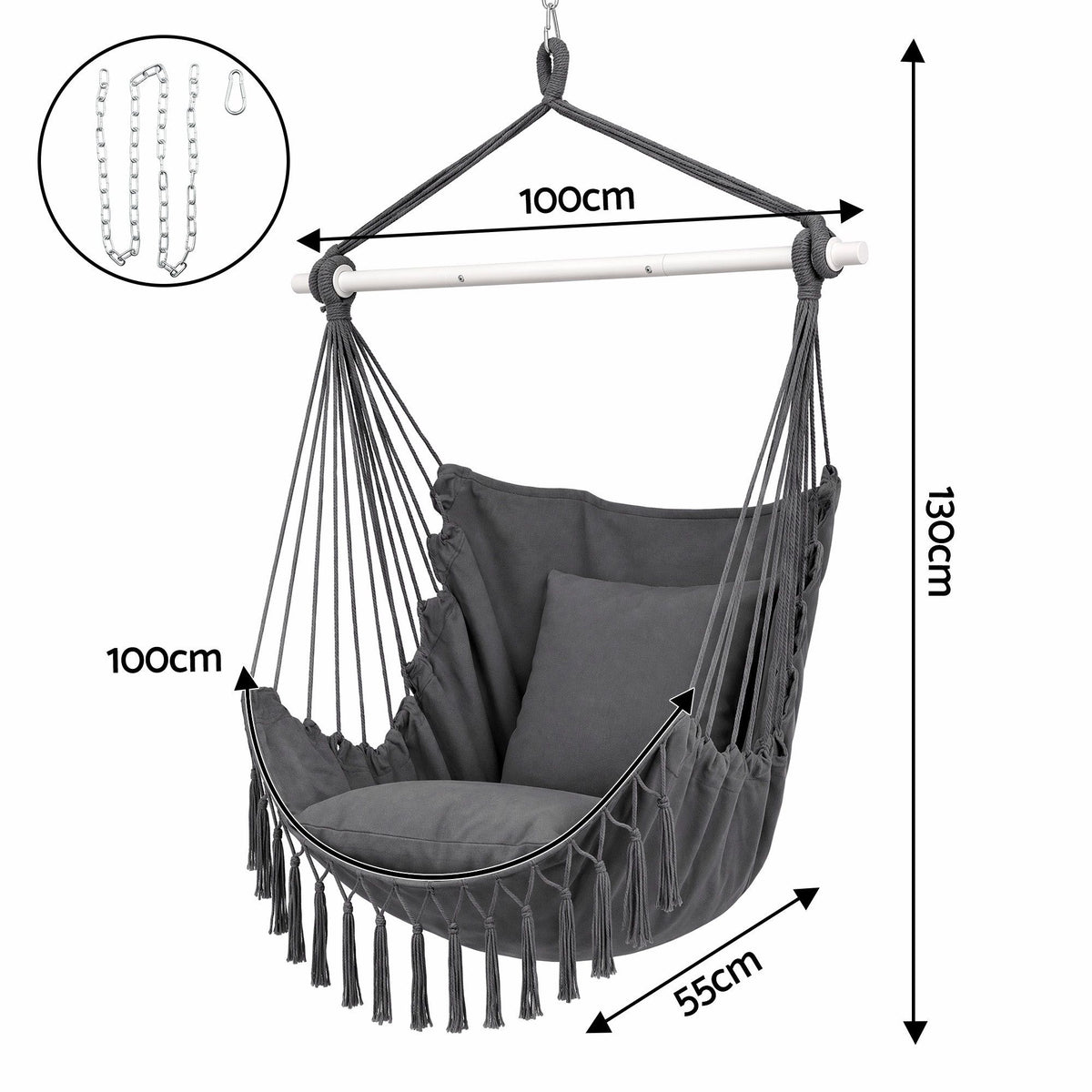 Gardeon Hammock Chair Camping Macrame Hanging Swing Cushions Metal Bar Grey