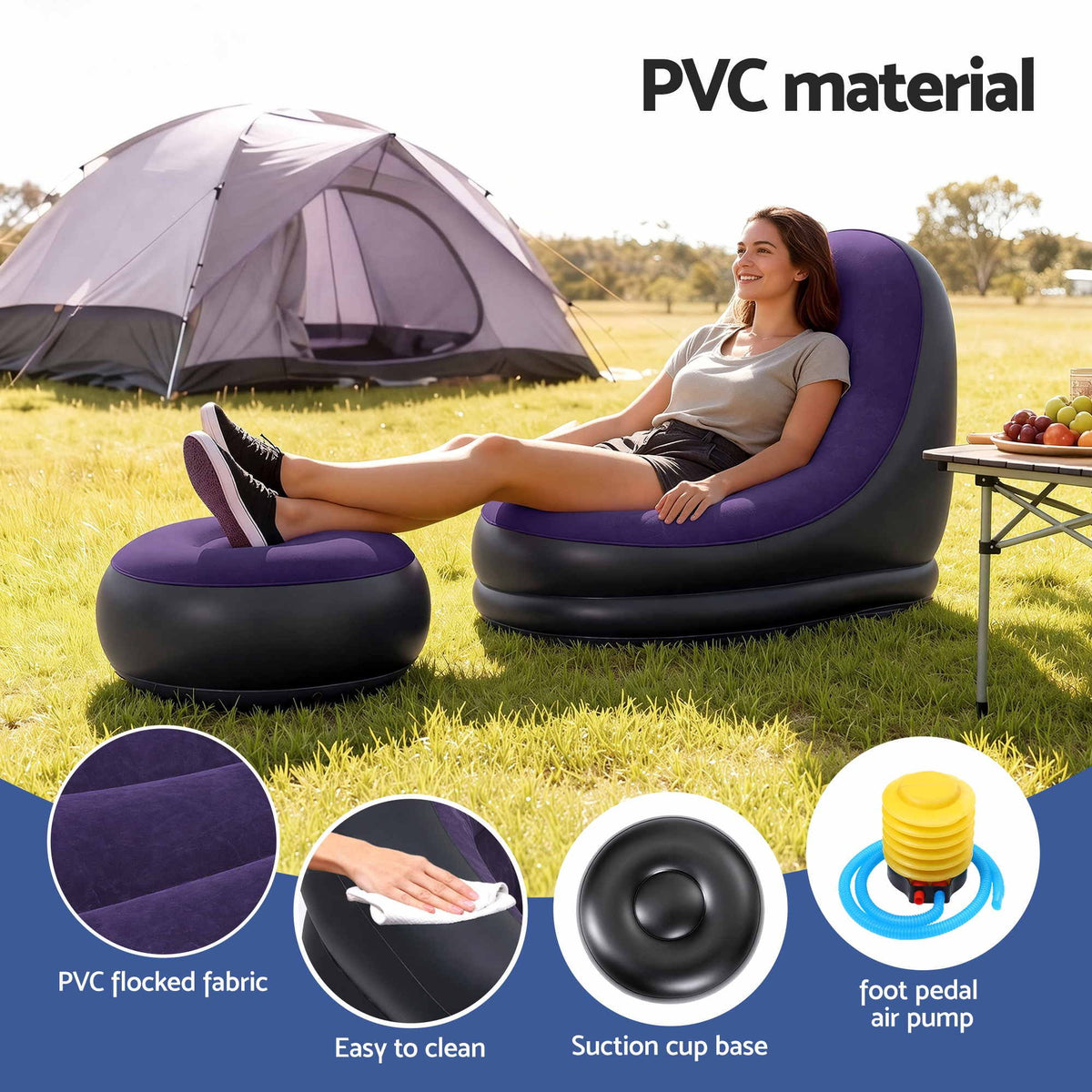 Gardeon Inflatable Chair with Ottoman Air Sofa Blow Up Air Chair for Camping with Pump Purple