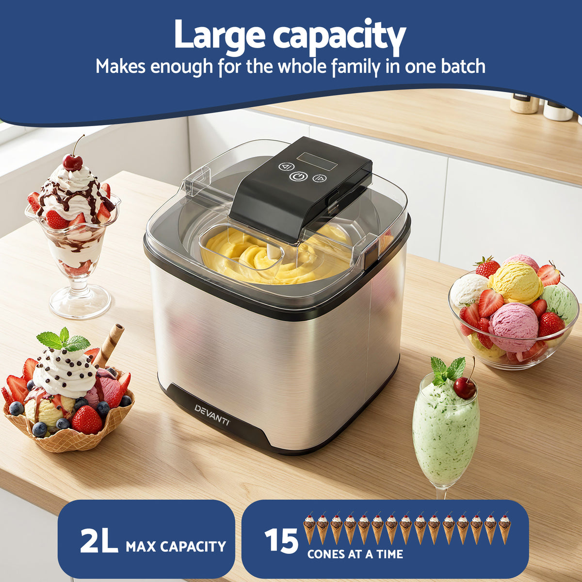 Devanti Ice Cream Maker Machine 2L Homemade Gelato Sorbet Frozen Drinks Sliver