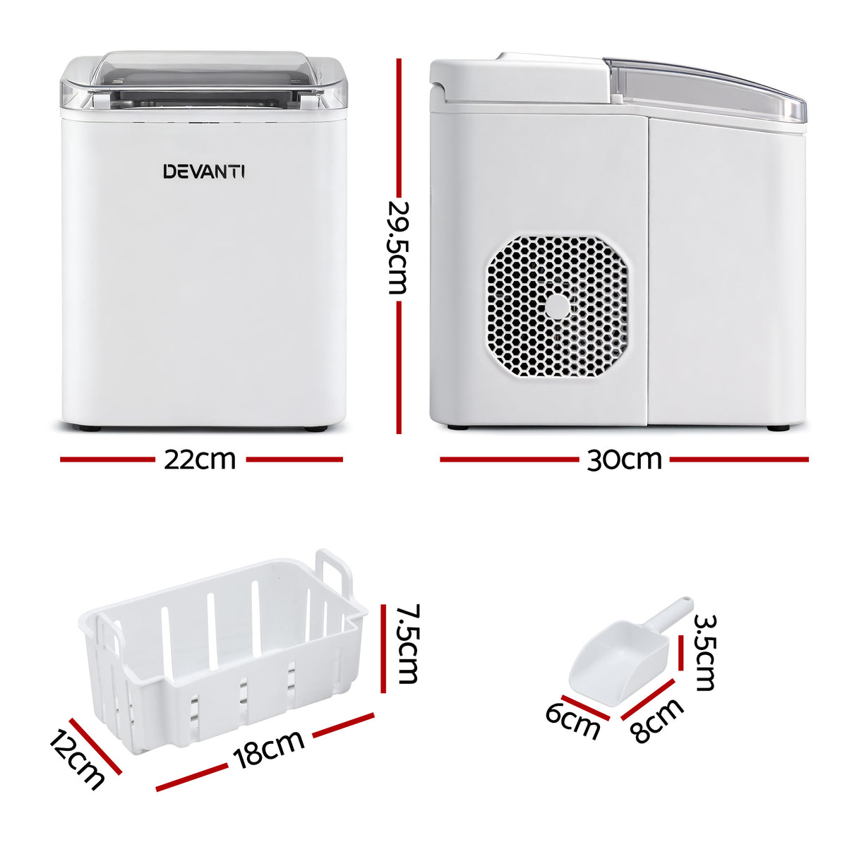 Devanti Ice Maker Machine Portable 12kg Countertop w/Self Cleaning 1.2L White