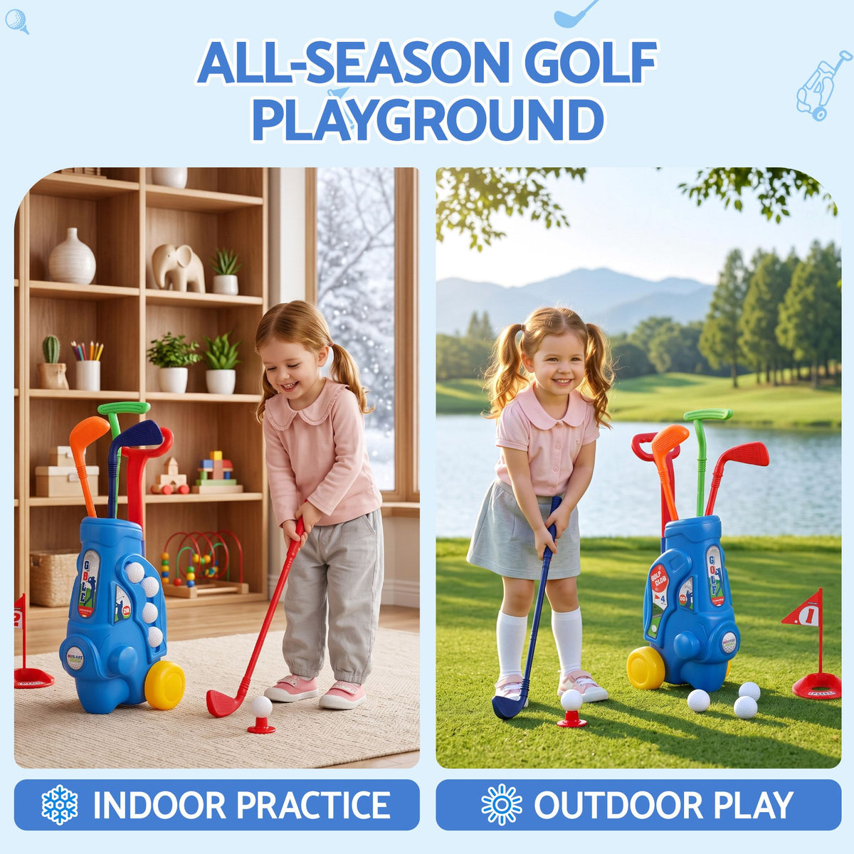 Keezi Kids Golf Set Toddler Club Set Pull Cart Indoor Outdoor - KGS-A-BL