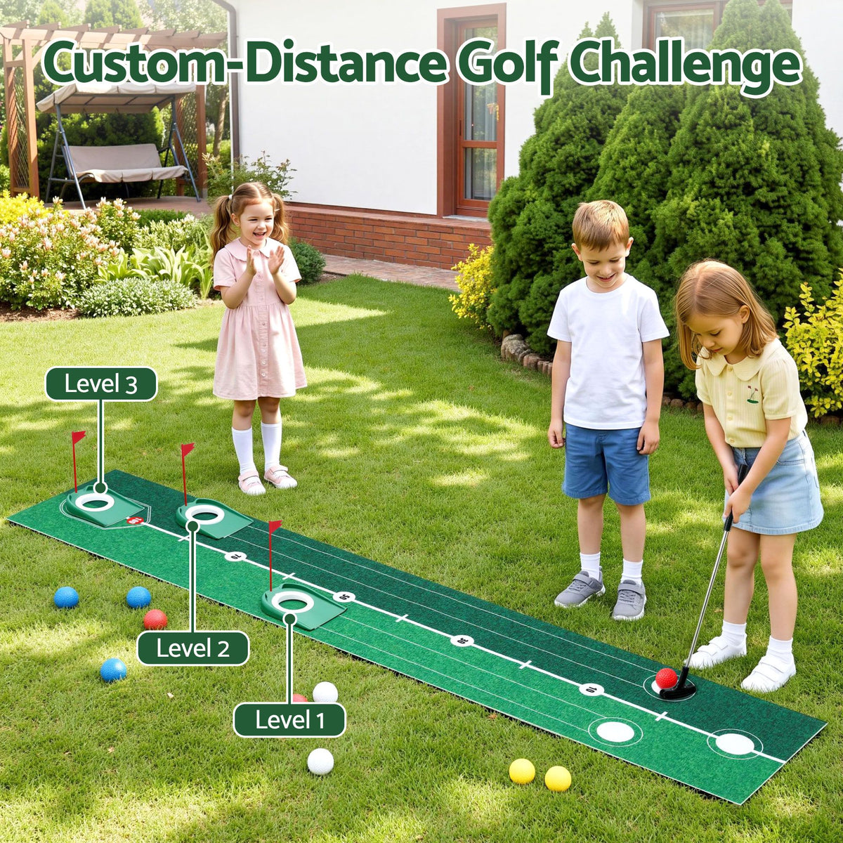 Keezi Kids Golf Putting Game Set with Golf Club, Putting Mat, 12 Balls, 3 Target Holes, Indoor Outdoor Mini Golf Toy for Ages 3-8
