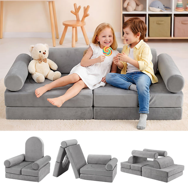 Keezi 12pcs Modular Kids Couch Foam Sofa Removable Washable Cover Grey Playroom
