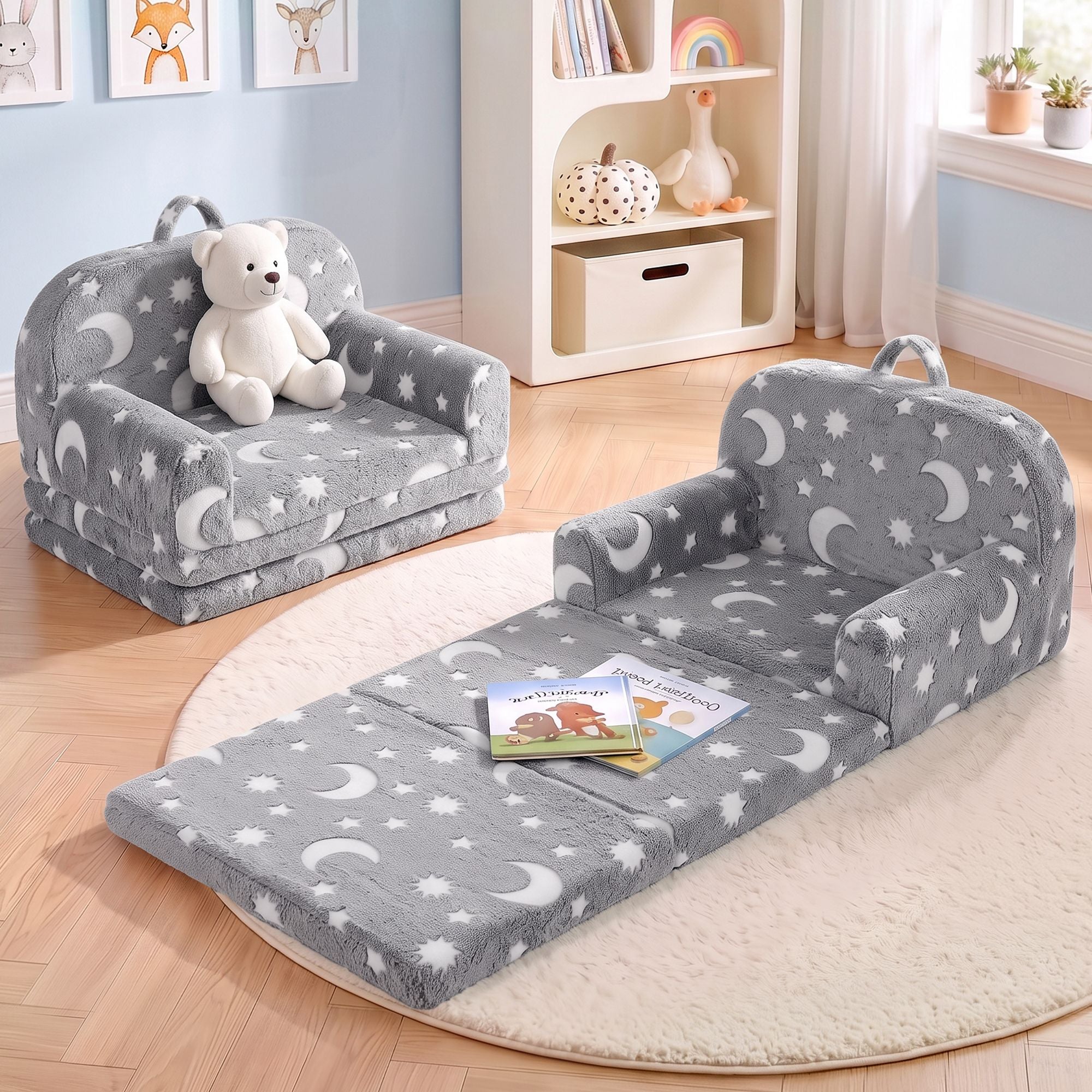 Keezi Kids 2 - 1 Fold Out Sofa Bed w/Removable Washable Cover, Carry Grey
