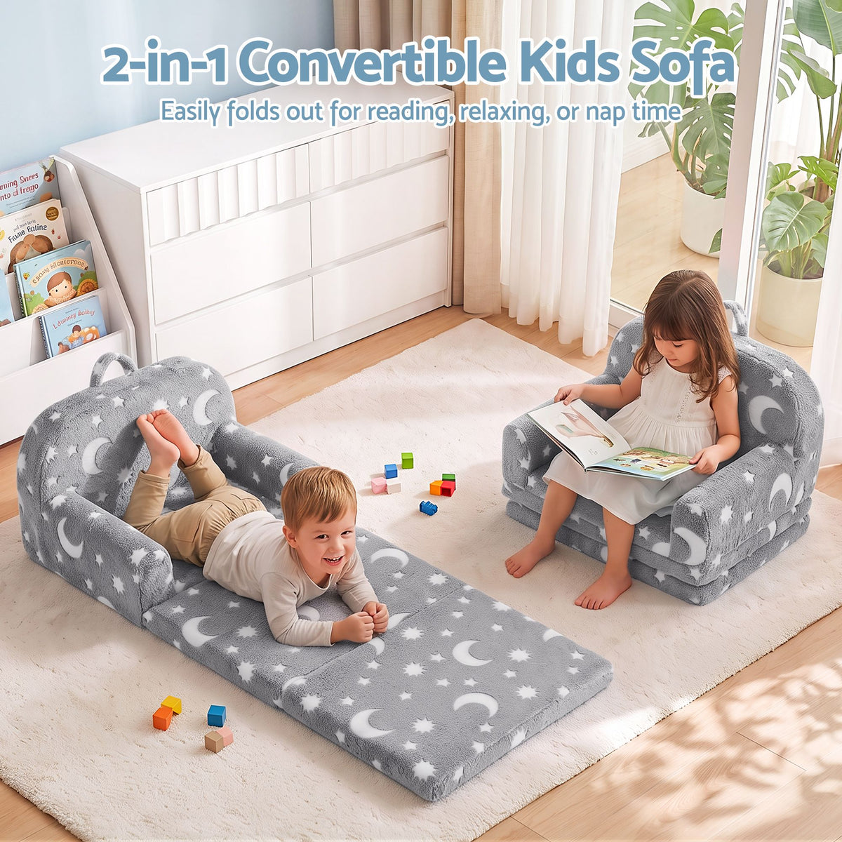 Keezi Kids 2 - 1 Fold Out Sofa Bed w/Removable Washable Cover, Carry Grey